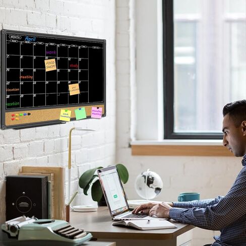 Jiloffice Magnetic Black Calendar Board Dry Erase Board & Bulletin Board Combo ، لوحة محو جافة على مدار 24 × 18 بوصة لعلامات الطباشير السائلة ، وإطار الألمنيوم الأسود للمنزل والمدرسة مع 10 دبابيس الدفع in Kuwait