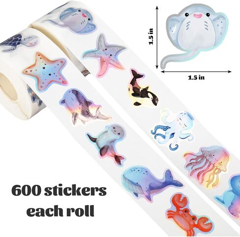1200Pcs Ocean Animal Stickers Roll Sea Life Fish Whale Turtle Sticker Cute Cartoon Sea Creature Adhesive Label Decals for School Teacher Rewards Ocean Theme Birthday Baby Shower Party in Saudi Arabia