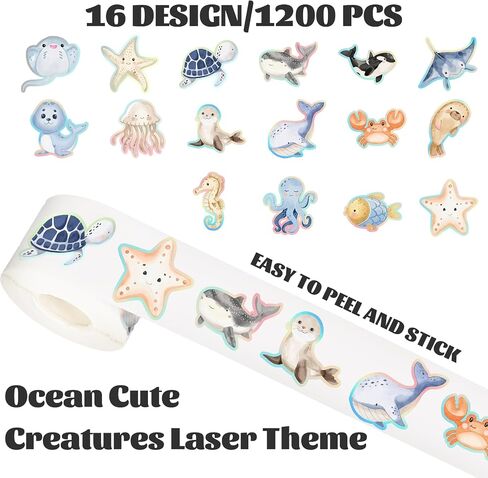1200Pcs Ocean Animal Stickers Roll Sea Life Fish Whale Turtle Sticker Cute Cartoon Sea Creature Adhesive Label Decals for School Teacher Rewards Ocean Theme Birthday Baby Shower Party in Saudi Arabia