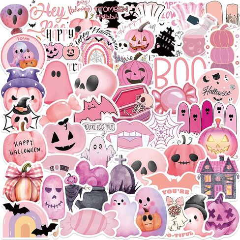 50Pcs Cute Halloween Decoration Sticker for Kids Pink Halloween Stickers for Girls Vinyl Waterproof Stickers for Water Bottle Laptop Party Favors(Pink) in Saudi Arabia