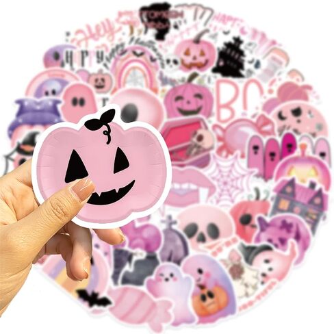 50Pcs Cute Halloween Decoration Sticker for Kids Pink Halloween Stickers for Girls Vinyl Waterproof Stickers for Water Bottle Laptop Party Favors(Pink) in Saudi Arabia