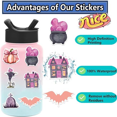 50Pcs Cute Halloween Decoration Sticker for Kids Pink Halloween Stickers for Girls Vinyl Waterproof Stickers for Water Bottle Laptop Party Favors(Pink) in Saudi Arabia