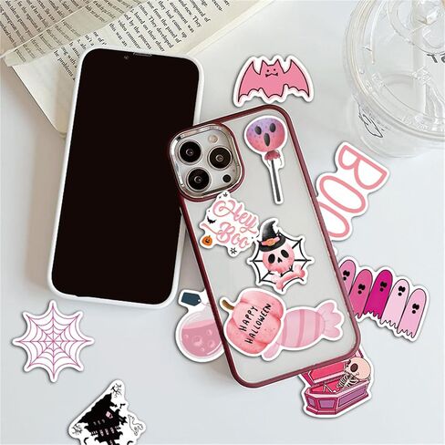 50Pcs Cute Halloween Decoration Sticker for Kids Pink Halloween Stickers for Girls Vinyl Waterproof Stickers for Water Bottle Laptop Party Favors(Pink) in Saudi Arabia