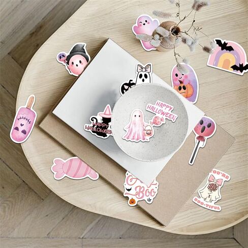 50Pcs Cute Halloween Decoration Sticker for Kids Pink Halloween Stickers for Girls Vinyl Waterproof Stickers for Water Bottle Laptop Party Favors(Pink) in Saudi Arabia