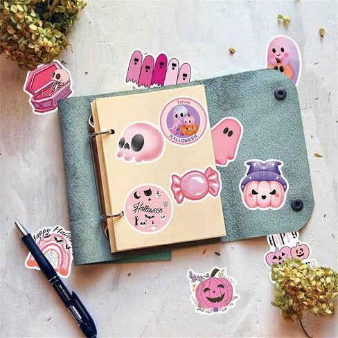 50Pcs Cute Halloween Decoration Sticker for Kids Pink Halloween Stickers for Girls Vinyl Waterproof Stickers for Water Bottle Laptop Party Favors(Pink) in Saudi Arabia