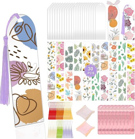 30 Set Acrylic Bookmark Blanks Set with 30 Booklover Theme UV DTF Stickers, 30Pcs of 6-Color Tassels, 30 Ribbon, 30 Holographic Bags, Bookmark Making Kits for DIY Crafts, Book Lover Gifts in Saudi Arabia