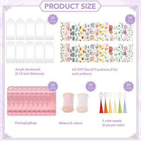 30 Set Acrylic Bookmark Blanks Set with 30 Booklover Theme UV DTF Stickers, 30Pcs of 6-Color Tassels, 30 Ribbon, 30 Holographic Bags, Bookmark Making Kits for DIY Crafts, Book Lover Gifts in Saudi Arabia