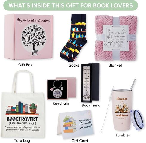 Luxury Book Lover Gifts for Women, Gifts for Readers Book Lovers Women, Books Club Accessories for Reading, Bookish & Librarian Gift, Bookclub Gift Ideas, Books Blanket Set Box Basket Stuff Birthday in Saudi Arabia