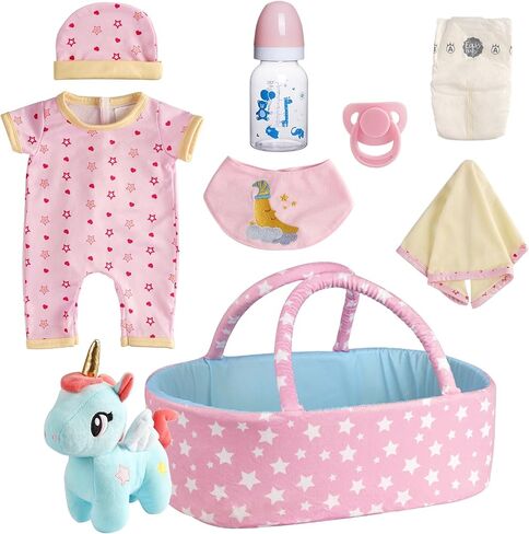 Babeside 9 PCS Rebond Baby Doll Cloths with bassinet for 17-22 inch baby dolls ، ملحقات ملابس دمية الطفل تناسب حديث الولادة in Saudi Arabia