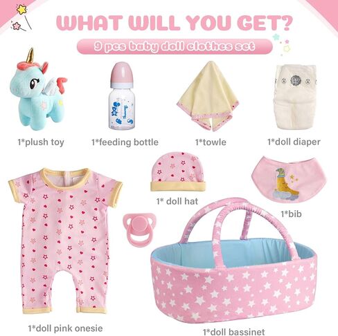 Babeside 9 PCS Rebond Baby Doll Cloths with bassinet for 17-22 inch baby dolls ، ملحقات ملابس دمية الطفل تناسب حديث الولادة in Saudi Arabia