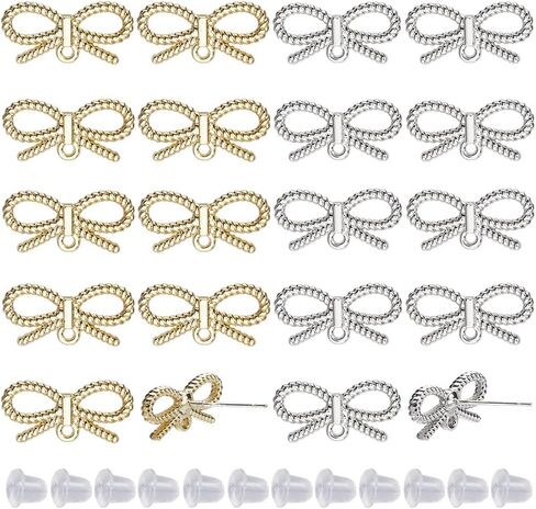 SUNNYCLUE 1 Box 50Pcs Earring Post Findings Bowknot Bow Ear Studs with Loops 20Pcs Stud Earrings with 30Pcs Plastic Nuts Silver Golden Ear Posts for Jewelry Making Accessories DIY Crafts Supplies in Saudi Arabia