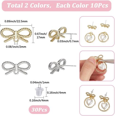 SUNNYCLUE 1 Box 50Pcs Earring Post Findings Bowknot Bow Ear Studs with Loops 20Pcs Stud Earrings with 30Pcs Plastic Nuts Silver Golden Ear Posts for Jewelry Making Accessories DIY Crafts Supplies in Saudi Arabia