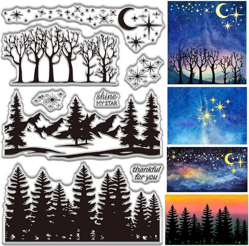 Craspire Forest Starry Sky Clear Stamp for Card Moon Moon Mountain Rubber Rubber Silicone Silicable Sharprent Seal for Envelope Journaling DIY Scrapbooking Armosing Photo Photo Photo Craft Decor in Kuwait