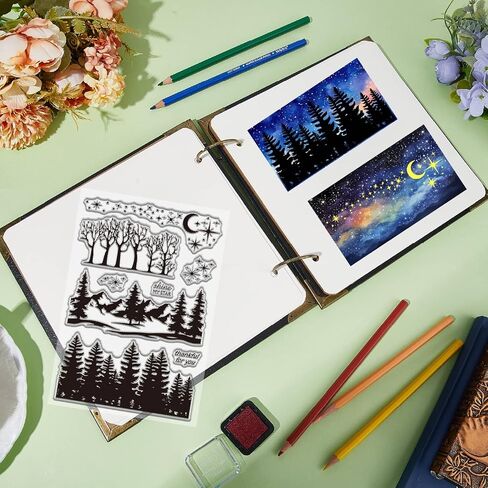 Craspire Forest Starry Sky Clear Stamp for Card Moon Moon Mountain Rubber Rubber Silicone Silicable Sharprent Seal for Envelope Journaling DIY Scrapbooking Armosing Photo Photo Photo Craft Decor in Kuwait
