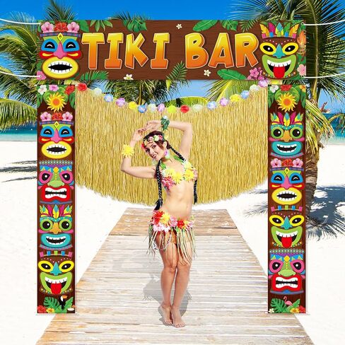 4 أجهزة كمبيوتر أجهزة كمبيوتر Hawaiian Tiki Party Decorations مجموعة Tiki Totem Door Lanner علامات Aloha Grass Door Skirt Decor Decor Decord Luau Decor in Kuwait