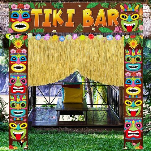 4 أجهزة كمبيوتر أجهزة كمبيوتر Hawaiian Tiki Party Decorations مجموعة Tiki Totem Door Lanner علامات Aloha Grass Door Skirt Decor Decor Decord Luau Decor in Kuwait