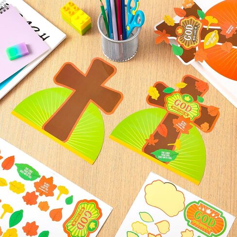 Sasylvia 24 Set Thanksgiving Fall Religious Craft Kits for Kids God Never Leaves Me Craft Kit with Cross Maple Leaves Cutout Christian Cross Craft Kit Thanksgiving Fall Sunday School Church Activity in Saudi Arabia