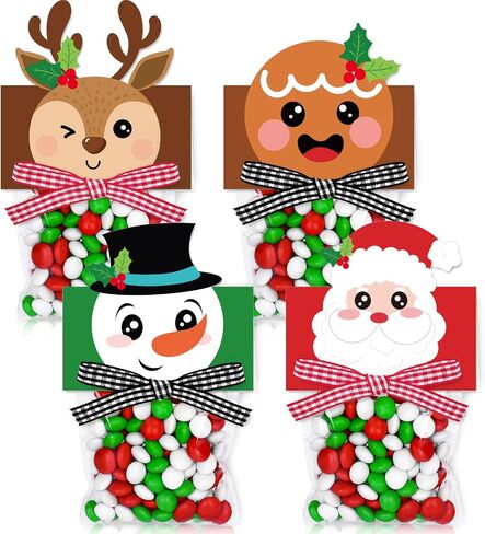 Whaline 180 Pcs Christmas Self-Adhesive Goody Bag with Topper Bow Snowman Santa Elk Gingerbread Candy Cello Bag Plastic Xmas Favor Treat Bag for Winter Party Wrapping in Saudi Arabia