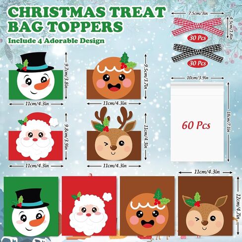 Whaline 180 Pcs Christmas Self-Adhesive Goody Bag with Topper Bow Snowman Santa Elk Gingerbread Candy Cello Bag Plastic Xmas Favor Treat Bag for Winter Party Wrapping in Saudi Arabia