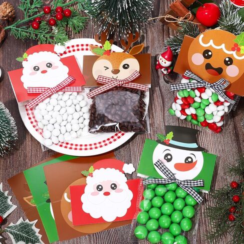 Whaline 180 Pcs Christmas Self-Adhesive Goody Bag with Topper Bow Snowman Santa Elk Gingerbread Candy Cello Bag Plastic Xmas Favor Treat Bag for Winter Party Wrapping in Saudi Arabia