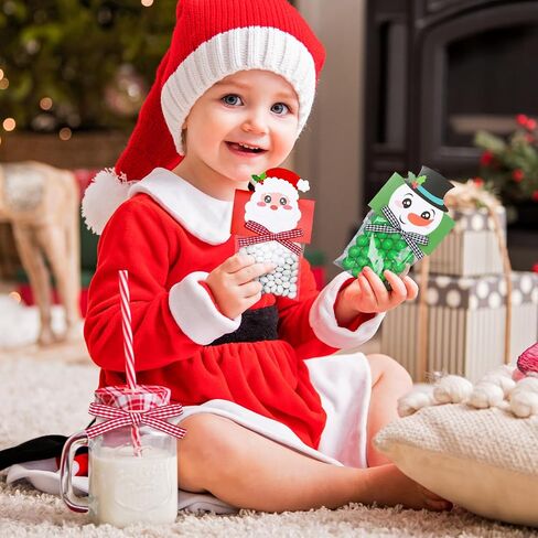 Whaline 180 Pcs Christmas Self-Adhesive Goody Bag with Topper Bow Snowman Santa Elk Gingerbread Candy Cello Bag Plastic Xmas Favor Treat Bag for Winter Party Wrapping in Saudi Arabia