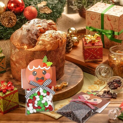 Whaline 180 Pcs Christmas Self-Adhesive Goody Bag with Topper Bow Snowman Santa Elk Gingerbread Candy Cello Bag Plastic Xmas Favor Treat Bag for Winter Party Wrapping in Saudi Arabia