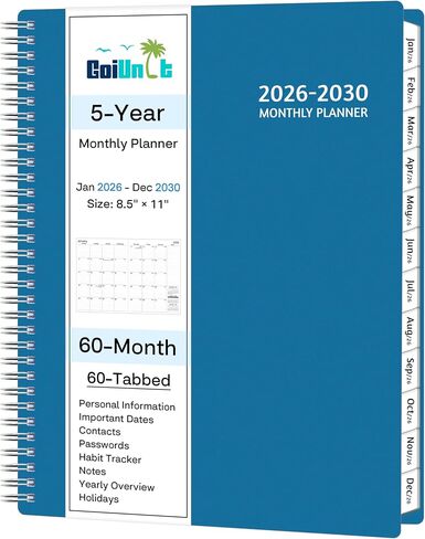 Monthly Planner 2026-2030, 5-Year Calendar Planner 2026-2030, Jan 2026 – Dec 2030, 8.5 x 11 In, Ruled Spread, Flexible Cover, Spiral Wirebound, Pocket, 60 Coated Monthly Tabs, Notes ＆ Habit Tracker, A4 Planner, Blue in Kuwait