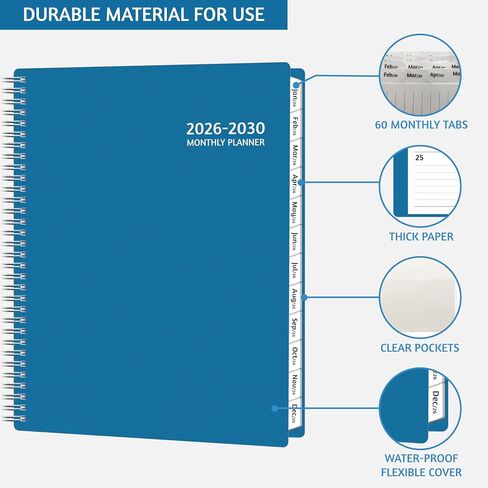 Monthly Planner 2026-2030, 5-Year Calendar Planner 2026-2030, Jan 2026 – Dec 2030, 8.5 x 11 In, Ruled Spread, Flexible Cover, Spiral Wirebound, Pocket, 60 Coated Monthly Tabs, Notes ＆ Habit Tracker, A4 Planner, Blue in Kuwait