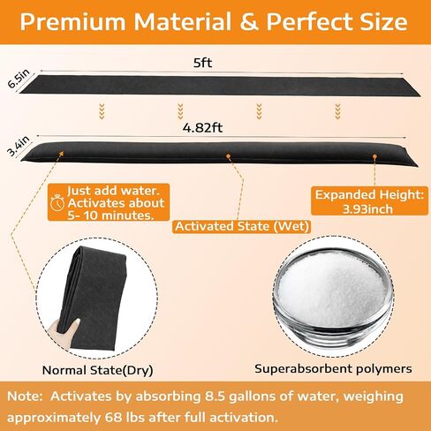 12 Pcs Water Activated Barrier for Flooding 5 Ft x 6.5 Inch Absorbent Flood Barriers for Home Sandless Sandbag Reusable Water Diverter for Door Garage Basement Prevention Rain Hurricane Black in Kuwait