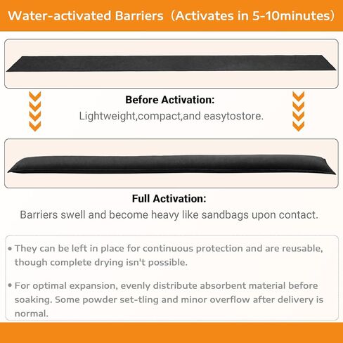 12 Pcs Water Activated Barrier for Flooding 5 Ft x 6.5 Inch Absorbent Flood Barriers for Home Sandless Sandbag Reusable Water Diverter for Door Garage Basement Prevention Rain Hurricane Black in Kuwait