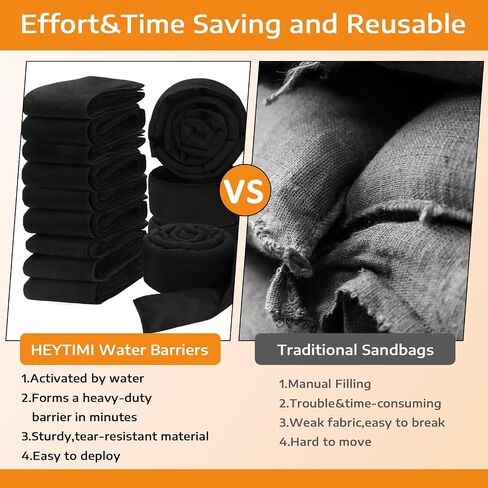 12 Pcs Water Activated Barrier for Flooding 5 Ft x 6.5 Inch Absorbent Flood Barriers for Home Sandless Sandbag Reusable Water Diverter for Door Garage Basement Prevention Rain Hurricane Black in Kuwait