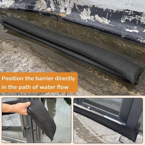 12 Pcs Water Activated Barrier for Flooding 5 Ft x 6.5 Inch Absorbent Flood Barriers for Home Sandless Sandbag Reusable Water Diverter for Door Garage Basement Prevention Rain Hurricane Black in Kuwait