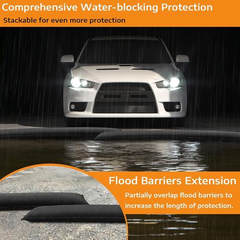 12 Pcs Water Activated Barrier for Flooding 5 Ft x 6.5 Inch Absorbent Flood Barriers for Home Sandless Sandbag Reusable Water Diverter for Door Garage Basement Prevention Rain Hurricane Black in Kuwait