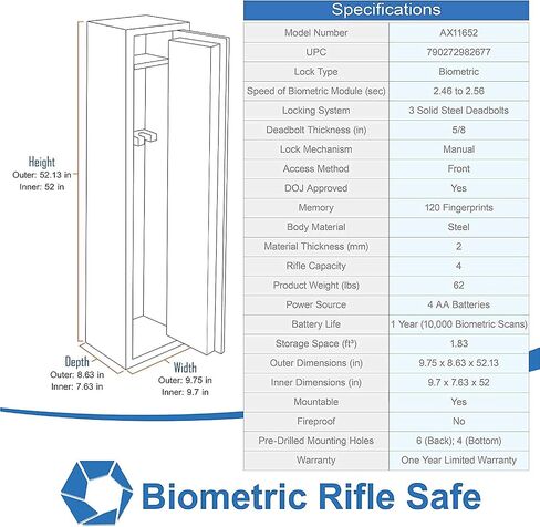 Barska Biometric Rifle Gun Safe - وصول سريع للبصمة الطويلة آمنة للمنزل ، والوضع الصامت ، والوضع الصامت ، والرف القابل للإزالة ، ومفاتيح النسخ الاحتياطي والبطارية in Saudi Arabia