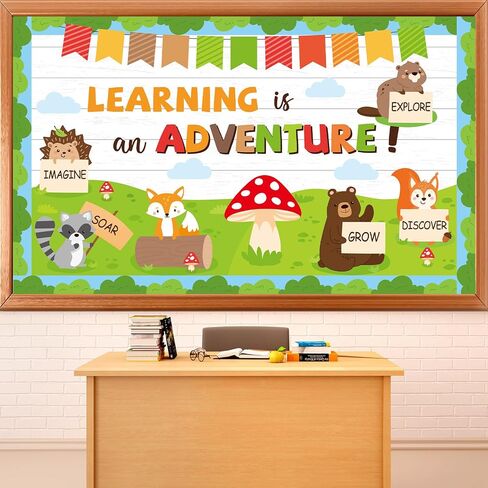 Woodland Bulletin Board Set Jungle Forest Classroom Decorations Fall Learning is an Adventure Paper Cutouts Motivational Safari Animal Fall Bulletin Board for Nursery Chalkboard Wall Door Decor in Saudi Arabia