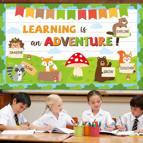 Woodland Bulletin Board Set Jungle Forest Classroom Decorations Fall Learning is an Adventure Paper Cutouts Motivational Safari Animal Fall Bulletin Board for Nursery Chalkboard Wall Door Decor in Saudi Arabia