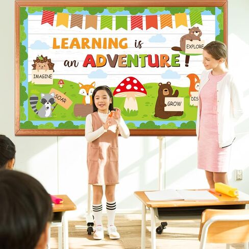 Woodland Bulletin Board Set Jungle Forest Classroom Decorations Fall Learning is an Adventure Paper Cutouts Motivational Safari Animal Fall Bulletin Board for Nursery Chalkboard Wall Door Decor in Saudi Arabia