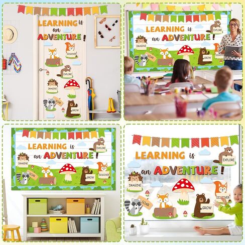 Woodland Bulletin Board Set Jungle Forest Classroom Decorations Fall Learning is an Adventure Paper Cutouts Motivational Safari Animal Fall Bulletin Board for Nursery Chalkboard Wall Door Decor in Saudi Arabia