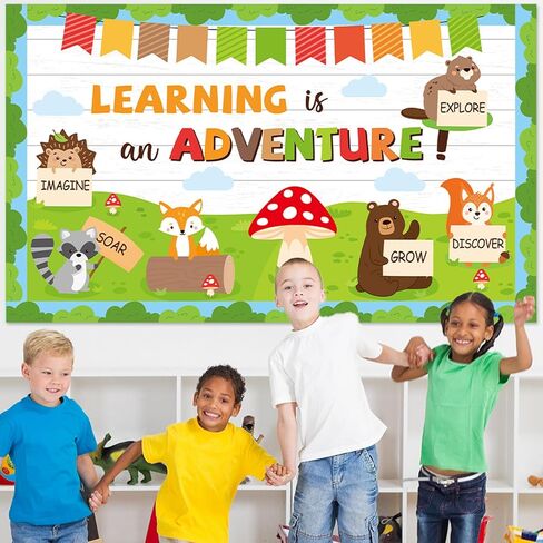 Woodland Bulletin Board Set Jungle Forest Classroom Decorations Fall Learning is an Adventure Paper Cutouts Motivational Safari Animal Fall Bulletin Board for Nursery Chalkboard Wall Door Decor in Saudi Arabia