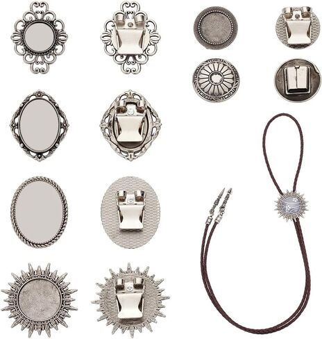 NBEADS 6 Pcs Bolo Tie Buckle, 6 Styles Tibetan Alloy Slides Clasp Cabochon Settings Findings Blank for Bolo Tie Making, Antique Silver in Saudi Arabia