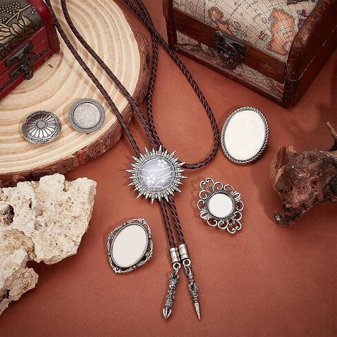NBEADS 6 Pcs Bolo Tie Buckle, 6 Styles Tibetan Alloy Slides Clasp Cabochon Settings Findings Blank for Bolo Tie Making, Antique Silver in Saudi Arabia