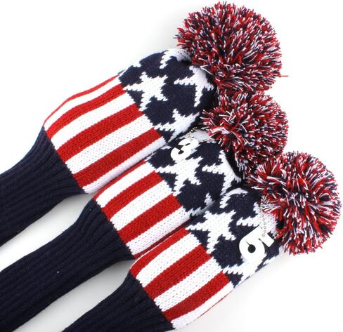BIG TEETH Knitted Golf Club Head Covers Set of 3 Driver 460cc Fairway Hybrid UT Covers Pom Pom with Number Tag in Kuwait