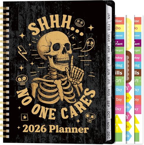 Xqumoi 2026 A5 Planner - Skuln Skull Skulton 2026 Weekly and Monthly Planner لا يهتم أحد بأدفاب محافظات الكتابة القوطية ، يناير 2026 - ديسمبر 2026 ، تقويم الغلاف مع ملصقات علامات التبويب الخلفية الخلفية in Kuwait