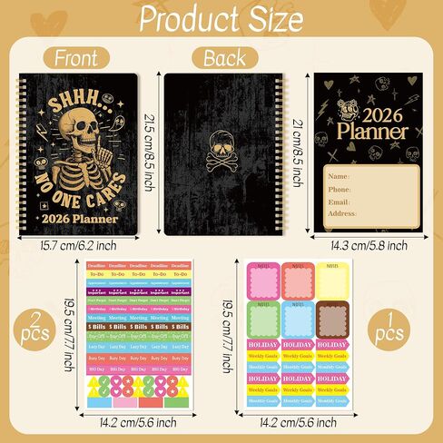 Xqumoi 2026 A5 Planner - Skuln Skull Skulton 2026 Weekly and Monthly Planner لا يهتم أحد بأدفاب محافظات الكتابة القوطية ، يناير 2026 - ديسمبر 2026 ، تقويم الغلاف مع ملصقات علامات التبويب الخلفية الخلفية in Kuwait