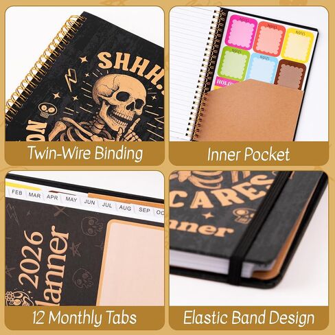 Xqumoi 2026 A5 Planner - Skuln Skull Skulton 2026 Weekly and Monthly Planner لا يهتم أحد بأدفاب محافظات الكتابة القوطية ، يناير 2026 - ديسمبر 2026 ، تقويم الغلاف مع ملصقات علامات التبويب الخلفية الخلفية in Kuwait