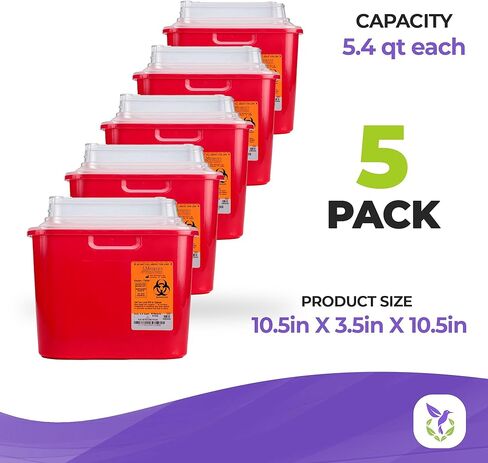 حاوية أدوات حادة حمراء شفافة من AMZ للاستخدام المنزلي، 1.25 جالون. عبوة من 5 حاويات بلاستيكية للتخلص من الإبر. حاويات المخاطر البيولوجية. حاويات الأدوات الحادة الطبية للاستخدام المنزلي in Kuwait