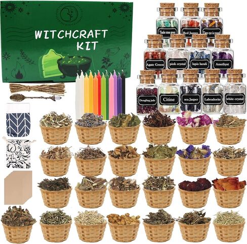 مجموعة Witchcraft Supplies Kit ، 86 PCS WICCAN Supplies وأدوات ، تشمل الأعشاب المجففة ، الجرار الكريستالية ، شموع ملونة وجزر بار ، للمبتدئين السحرة Pagan مذبح in Kuwait