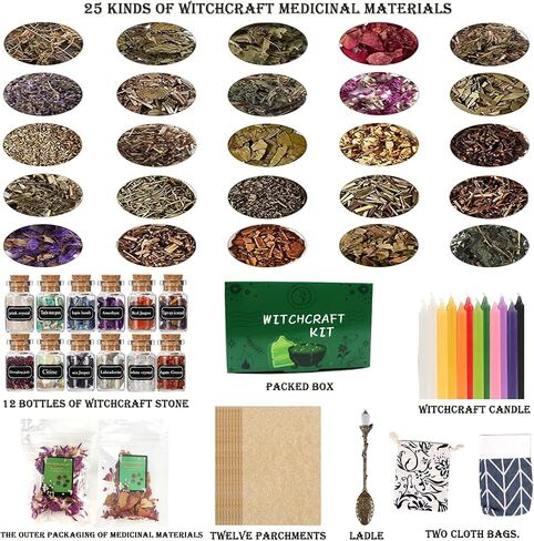 مجموعة Witchcraft Supplies Kit ، 86 PCS WICCAN Supplies وأدوات ، تشمل الأعشاب المجففة ، الجرار الكريستالية ، شموع ملونة وجزر بار ، للمبتدئين السحرة Pagan مذبح in Kuwait