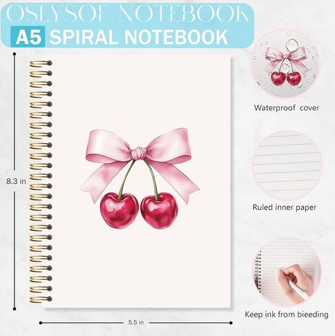 Oslysof Coquette Pink Bow Cherry Notebook ، Pink Girly Journal for Women ، دفاتر جمالية Preppy لأخذ الملاحظات ، Coquette Girly Office Supplies ، 5.5 × 8.3 بوصة مع 164 صفحة in Saudi Arabia