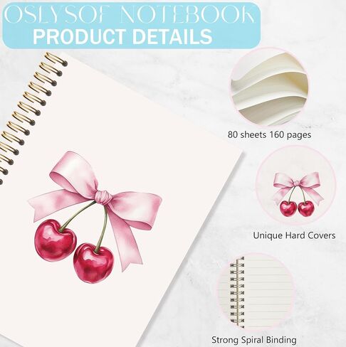 Oslysof Coquette Pink Bow Cherry Notebook ، Pink Girly Journal for Women ، دفاتر جمالية Preppy لأخذ الملاحظات ، Coquette Girly Office Supplies ، 5.5 × 8.3 بوصة مع 164 صفحة in Saudi Arabia